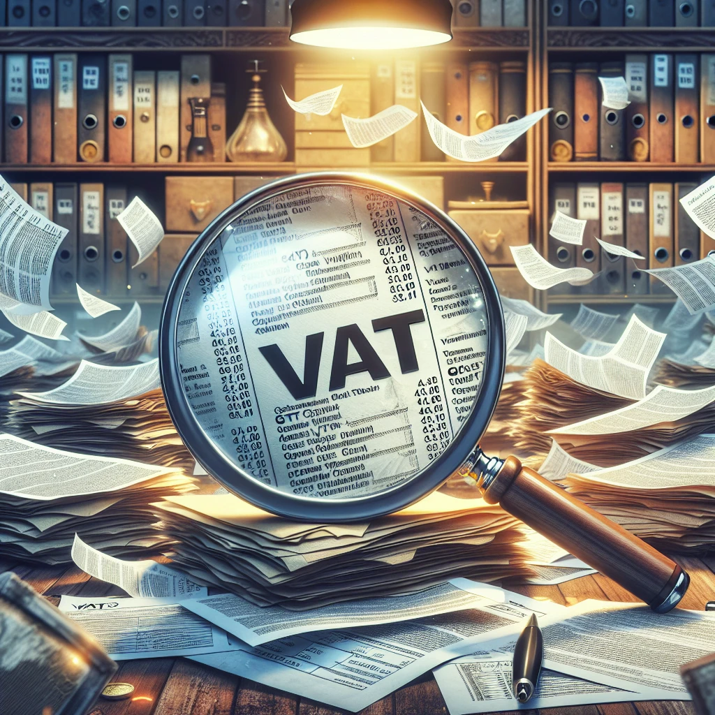 Magnifying glass highlighting VAT and GST on tax documents